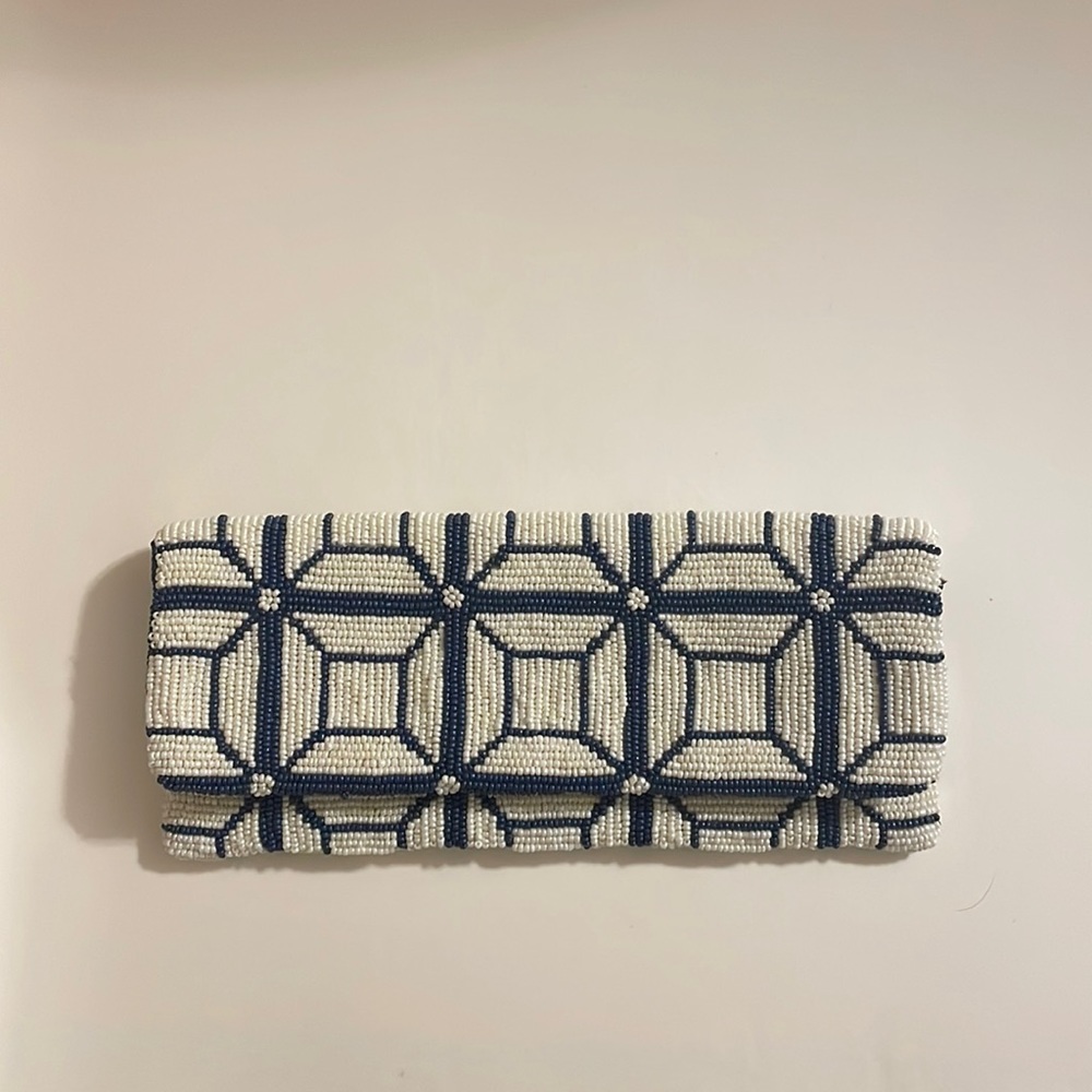 Tiana Clutch hand beaded evening bag. Navy and pearl/off white.